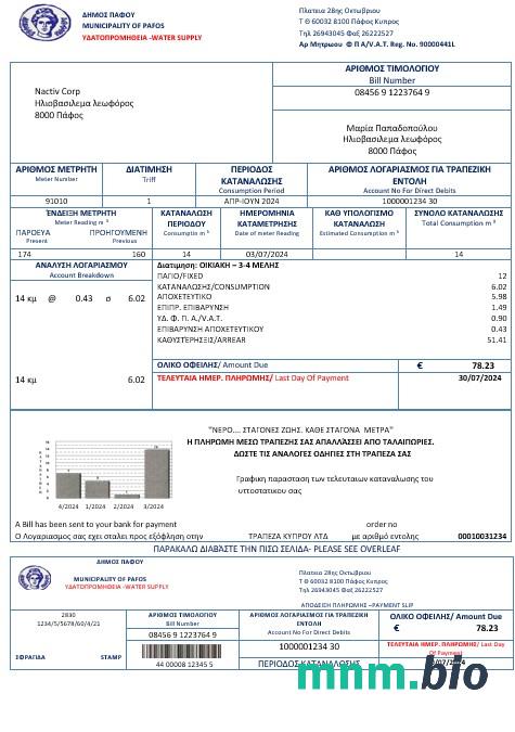 Szablon rachunku za media wodne na Cyprze w formatach Word i PDF